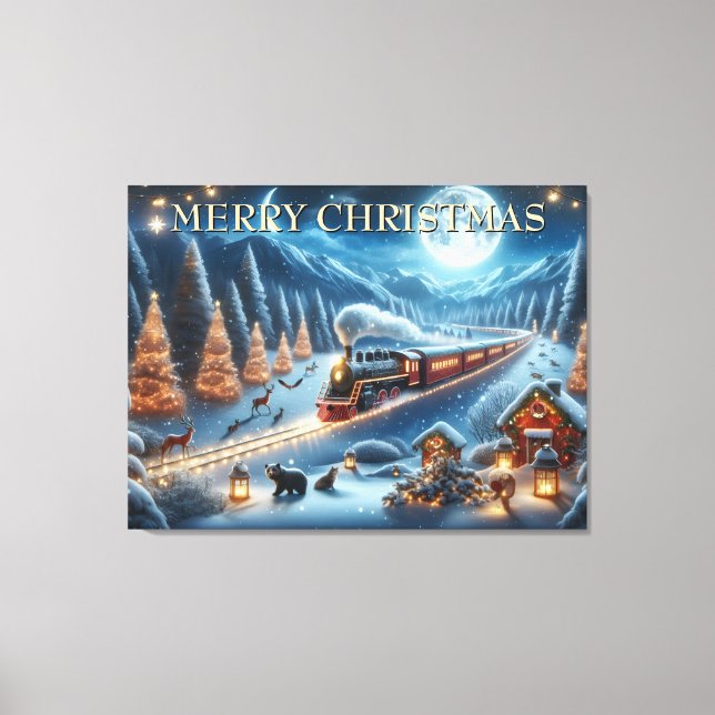 Toile Train de Noël avec lanternes et animaux de la forê (Recto)