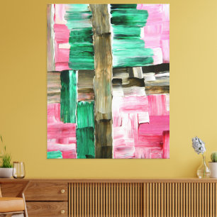 Toile Traits de pinceau abstraits en vert, rose et marro