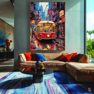 Toile Tramway Pop Art City avec Neon Reflections