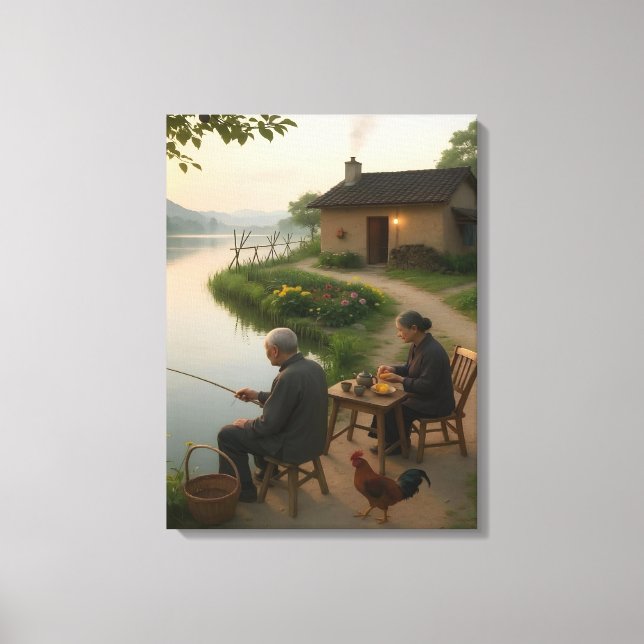 Toile Tranquil Village Morning by the Lake Wall Art (Recto)