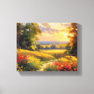 Toile Traverser un champ de fleurs au coucher du soleil
