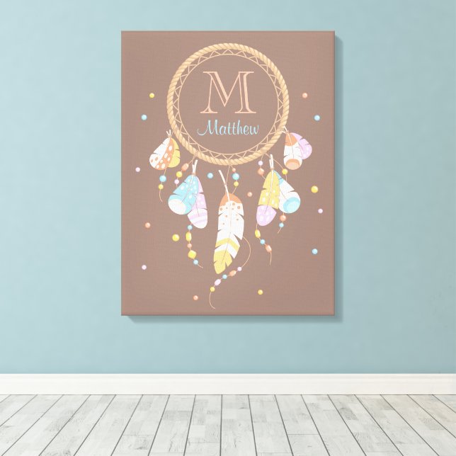 Toile Tribal Dreamcatcher Boho Brown Monogramme initial (Insitu (Plancher de Bois))