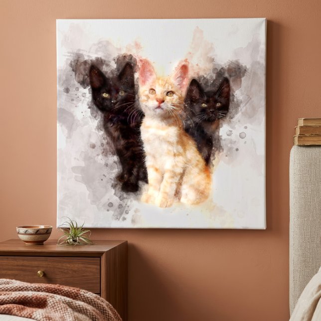 Toile Trio à l'aquarelle de mignons chatons noirs et ora (Watercolor Trio of Cute Black and Orange Kittens. Canvas Print)