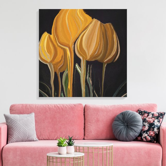 Toile Trio de Tulipes Dorées sur Fond Noir (Insitu(Salon))