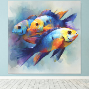 Toile Triptyque de Poissons Tropicaux Colorés pour