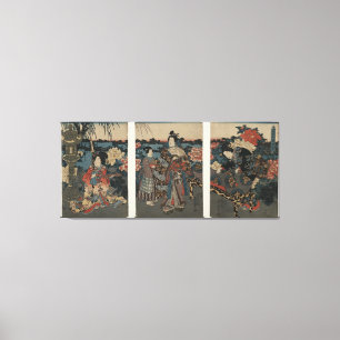 Toile Triptyque d'Ukiyo-e : Apprécier un jardin des