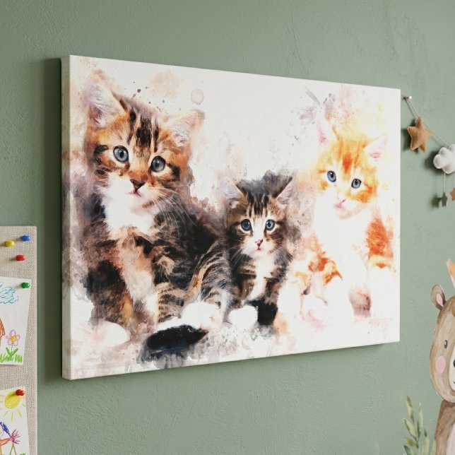 Toile Trois chatons beaux et mignons à l'aquarelle (Three beautiful and cute kittens watercolor. canvas print)