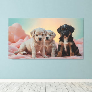 Toile Trois chiots ludiques reposant sur une couverture