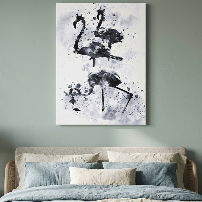 Toile Trois flamants rose et blanc aquarelle (Three Flamingos Black and White Watercolor. Canvas Print)