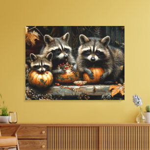 Toile Trois Raccoons vintages et Citrouille Automne 32x2