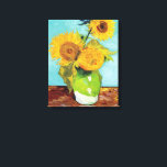 Toile Trois tournfleurs | Vincent Van Gogh<br><div class="desc">Tirage en toile d'art de Three Sunflowers (1888) de l'artiste néerlandais Vincent Van Gogh. L'oeuvre originale est une huile sur toile représentant une vie calme de tournesols jaunes brillants contre un arrière - plan turquoise. Cliquez sur Customiser pour modifier la taille de la toile ou personnaliser la conception.</div>