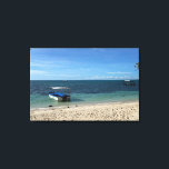 Toile Tropical Blue Ocean Beach & Boat: Summer Vibe<br><div class="desc">Escape to a serene tropical paradise with this stunning photograph of a crystal-clear blue ocean and a peaceful boat resting near the shore. The pristine white sand and the gentle gradient of the sea create a calming, minimalist aesthetic. Perfect for adding a touch of summer vacation to your phone case,...</div>