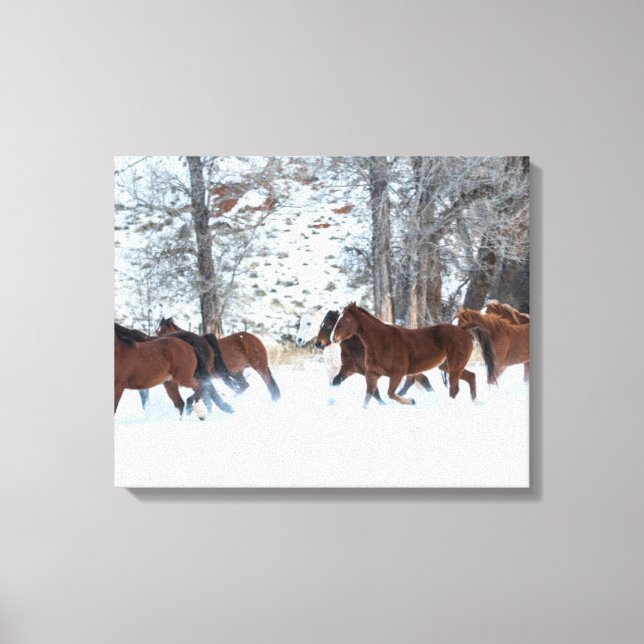 Toile Troupeau de chevaux courant dans la neige (Recto)