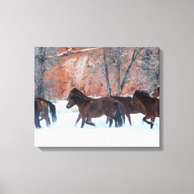 Toile Troupeau de chevaux courant dans la neige (Recto)