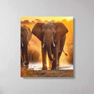 Toile Troupeau d'éléphants au point d'eau