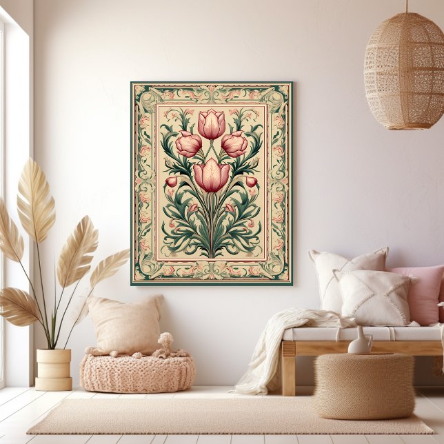 Toile Tulipe rose Dusty - Ornement médiéval émeraude (Créateur téléchargé)
