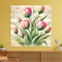 Tulipe Vintage rose et verte personnalisée Musique