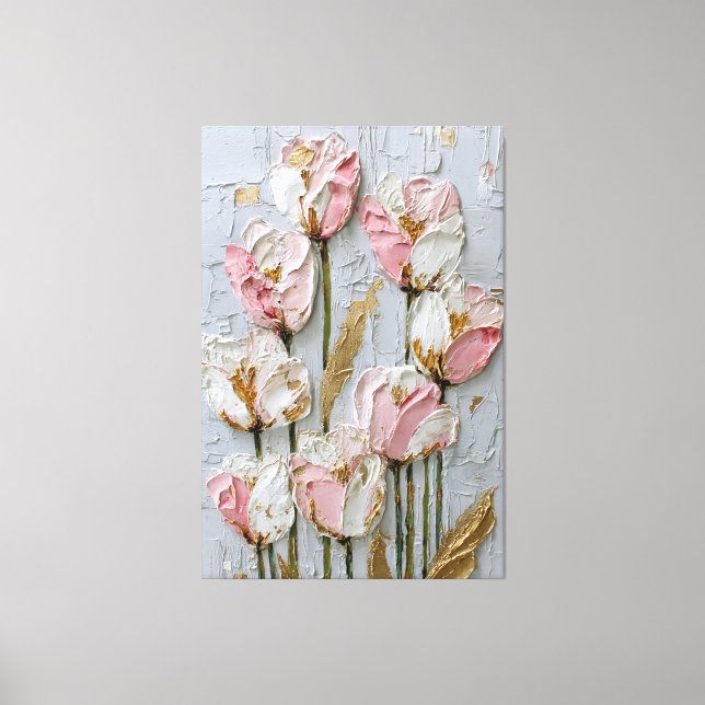 Toile Tulipes blanches et roses avec texture dorée abstr (Recto)