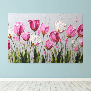 Toile Tulipes roses et blanches avec des tiges vertes –