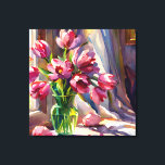 Toile Tulipes roses rustiques à l'aquarelle dans le vase<br><div class="desc">Ce design présente un vase aquarelle de style impressionniste de belles tulipes roses à côté d'une fenêtre. Fête des Mères ou cadeau d'anniversaire. Créé par Simply Farmhouse Press.</div>
