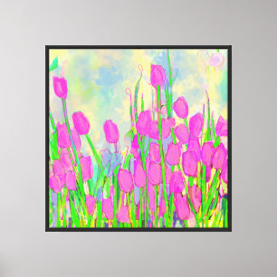 Toile Tulipes roses Tiges Feuilles et Ciel
