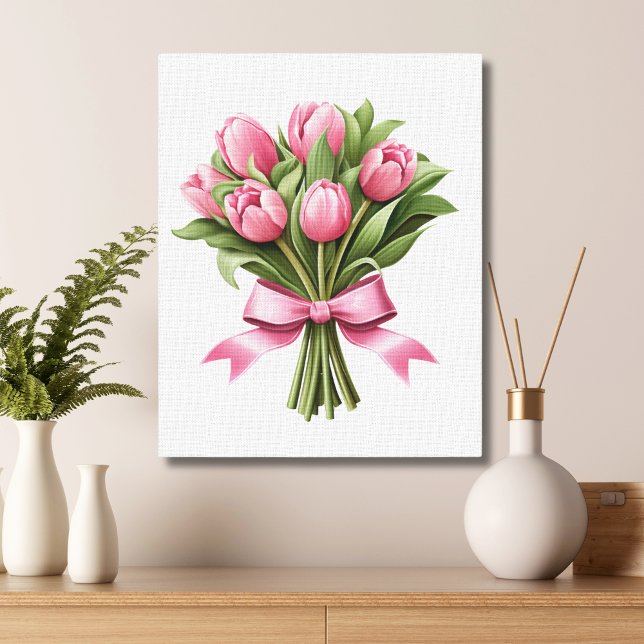 Toile Tulipes roses verdure fleurs florales  (Bouquet of Pink Tulips Canvas Wall Art)