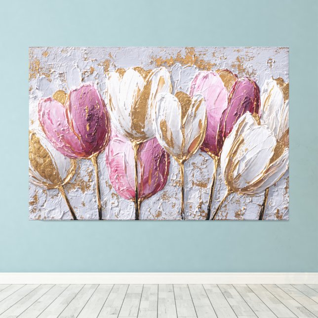 Toile Tulipes Texturées Abstraites Blanches, Roses et Do (Insitu (Plancher de Bois))