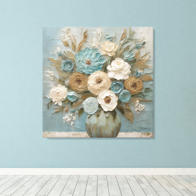 Toile Turquoise Bleu Beige Sage Crème Floral (Insitu (Plancher de Bois))