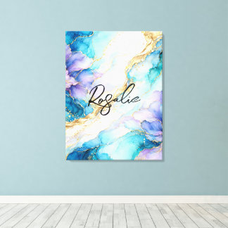 Toile Turquoise Bleu Or Pourpre Marbre Floral Abstrait