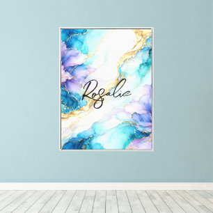Toile Turquoise Bleu Violet Or Marbre Floral Abstrait
