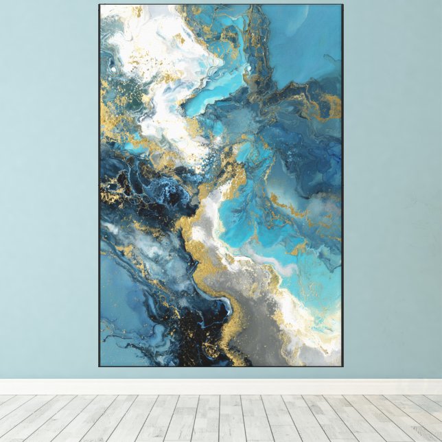 Toile Turquoise et or, pierre fluide, art abstrait (Insitu (Plancher de Bois))