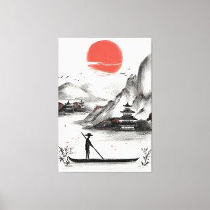 Toile typical Japanese mountain landscape in hand-drawn