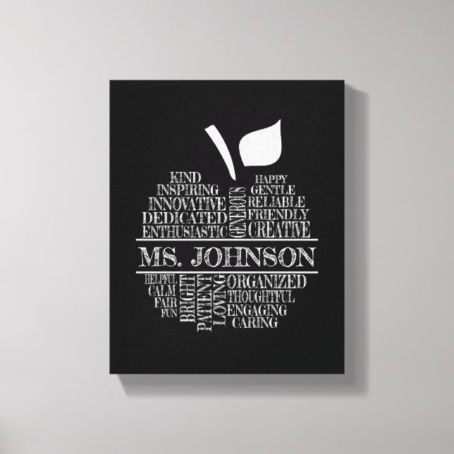 Toile Typographie de l'enseignant Apple en noir et blanc (Recto)