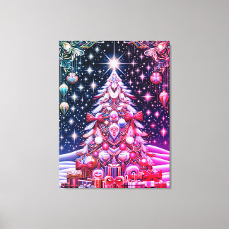 Toile Un arbre de Noël rouge, blanc et bleu sous un ciel