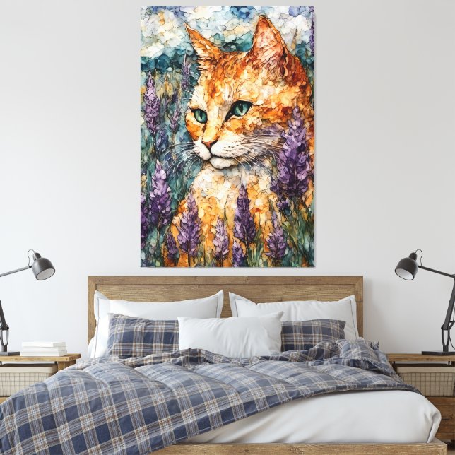 Toile Un beau chat gingembre dans un champ de lavande (Insitu(Chambre))