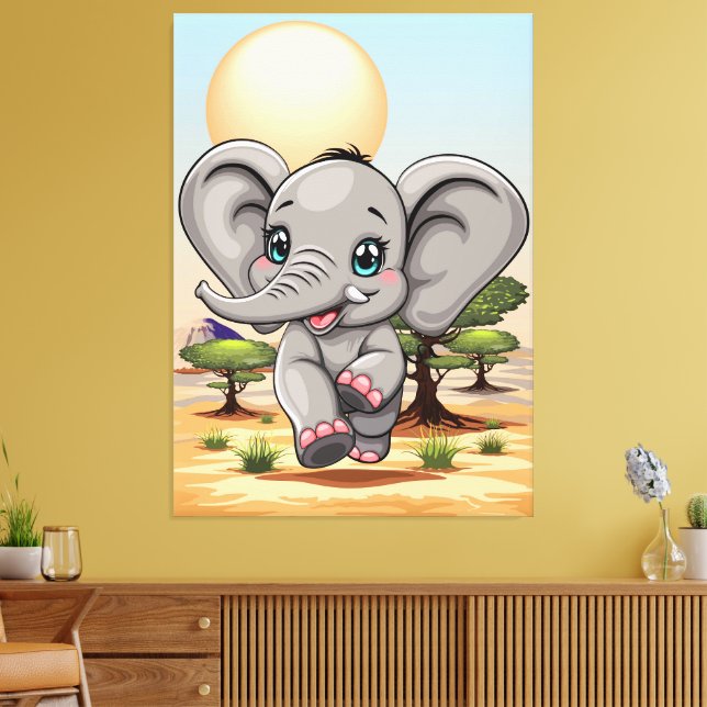 Toile Un bébé éléphant qui sonne heureux dans la savane  (Insitu(Salon))