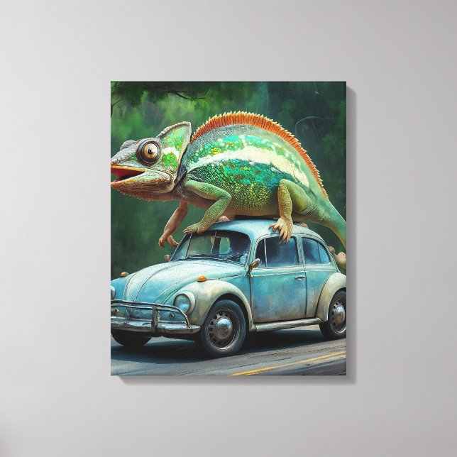 Toile Un caméléon perché sur une voiture dans un tableau (Recto)