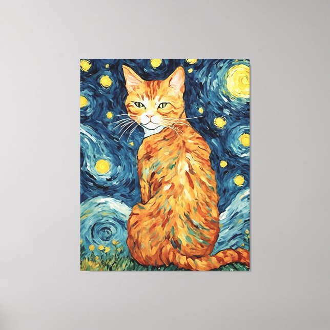 Toile Un chat roux tabby dans La Nuit étoilée (Recto)