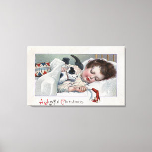Toile Un ChristmasBoy joyeux dormant avec le chiot