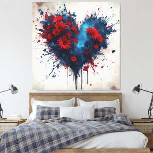 Toile Un coeur bleu éclatant avec des fleurs rouges