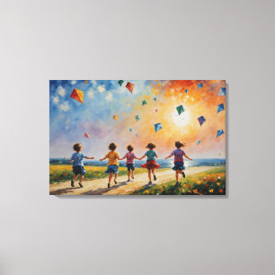 Toile un groupe d'enfants courant avec des cerfs-volants