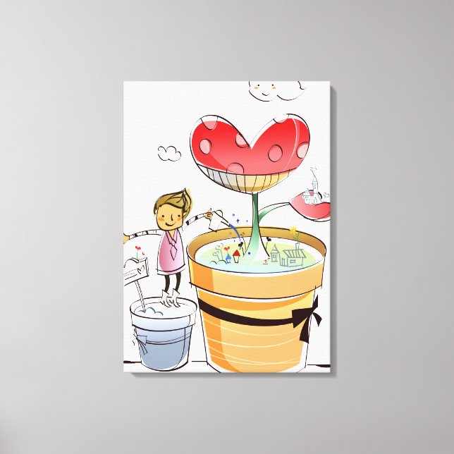 Toile Un homme arrose un plante en pots (Recto)