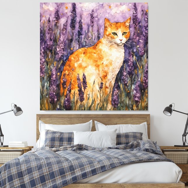 Toile Un joli chat gingembre dans un champ de lavande (Insitu(Chambre))