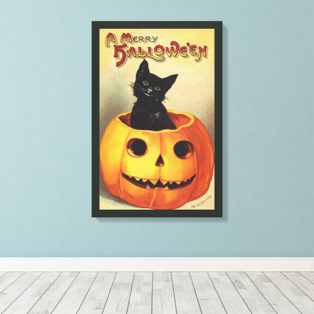 Toile Un joyeux Halloween par Ellen Clapsaddle, Chat Vin (Insitu (Plancher de Bois))