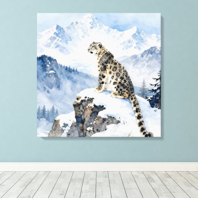 Toile Un léopard des neiges sur un pic enneigé (Insitu (Plancher de Bois))