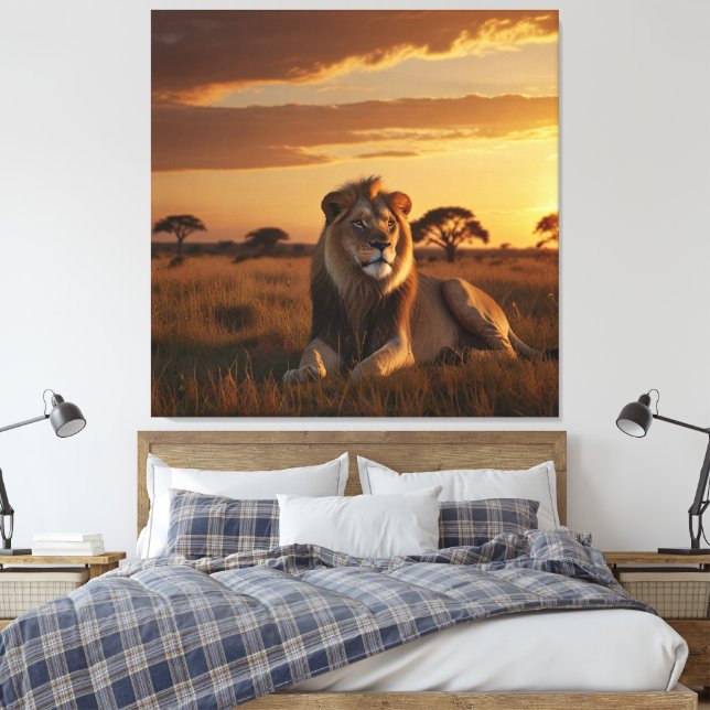 Toile Un lion majestueux qui s'allonge sur une savane he (Insitu(Chambre))