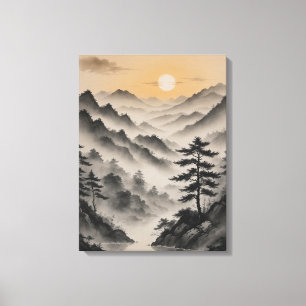 Toile un paysage de montagnes avec arbres et brouillard