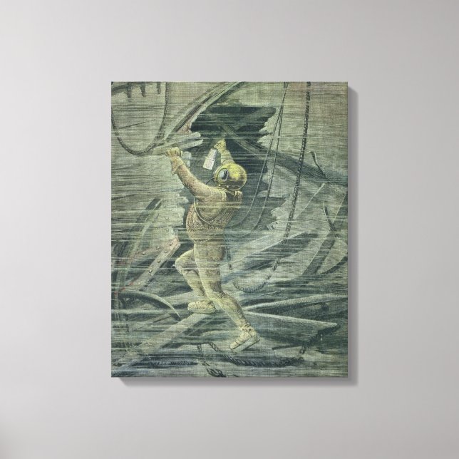 Toile Un plongeur en mer profonde regardant les épaves (Recto)
