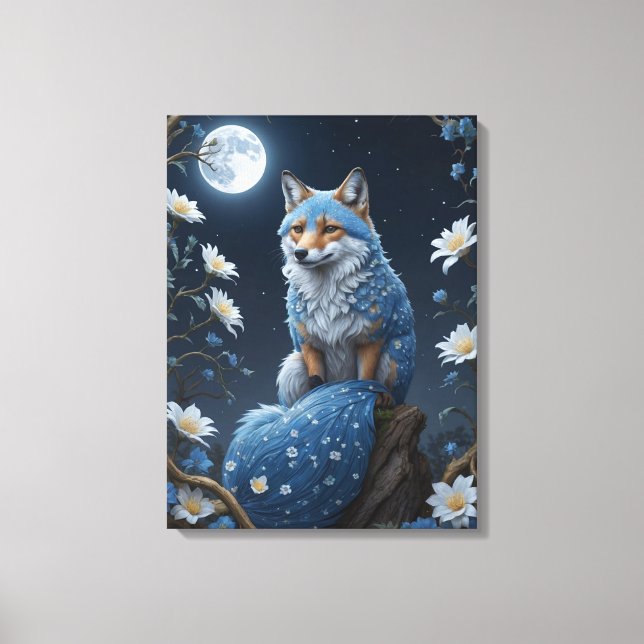 Toile un renard bleu et blanc avec fleurs et lune (Recto)
