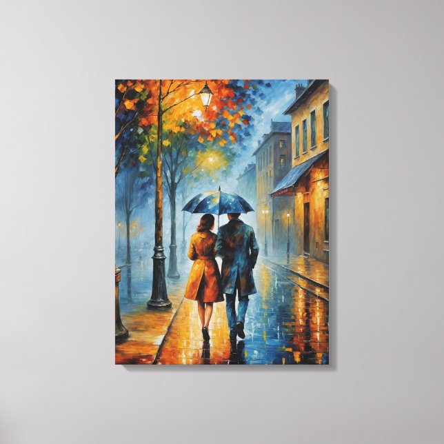 Toile un tableau d'un couple marchant dans une rue pluvi (Recto)